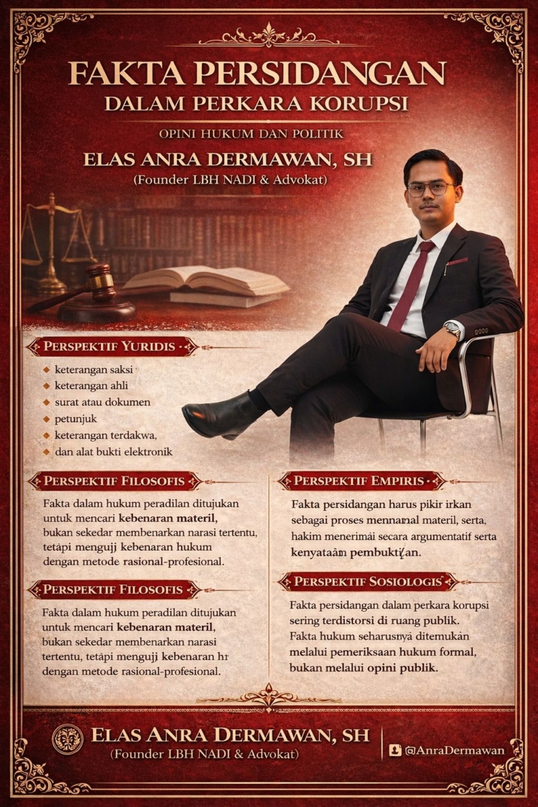 fakta persidangan korupsi, pembuktian perkara korupsi, sistem pembuktian KUHAP, opini hukum korupsi, fakta persidangan pengadilan, News Publik, Elas Anra Dermawan, SH