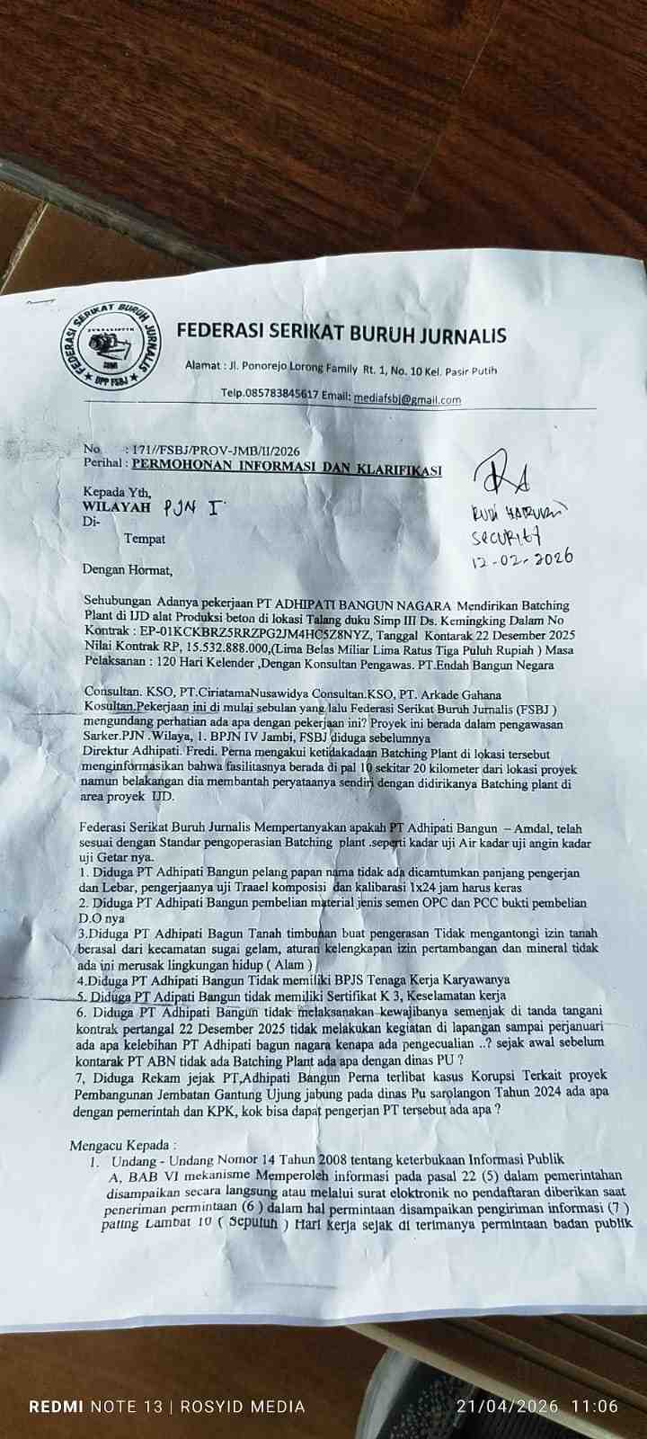 Terbongkar! Aksi FSBJ di BPK Jambi Soroti Dugaan Kejanggalan Proyek Batching Plant Rp15,5 Miliar