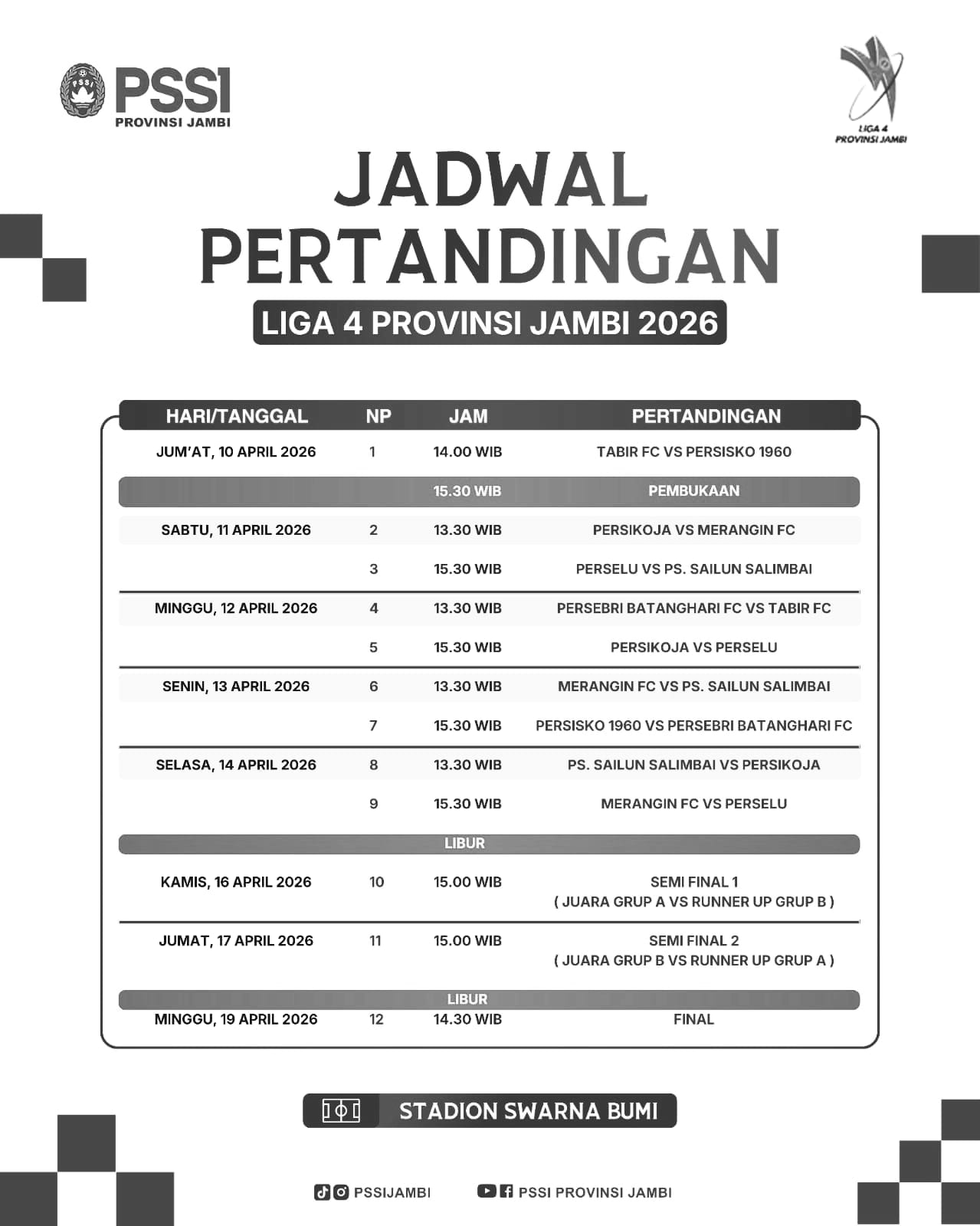 Jadwal Liga 4 Provinsi Jambi 2026 Resmi Dirilis, Ini Daftar Lengkap dan Laga Panasnya Jadwal Liga 4 Provinsi Jambi 2026 Resmi Dirilis, Ini Daftar Lengkap dan Laga Panasnya