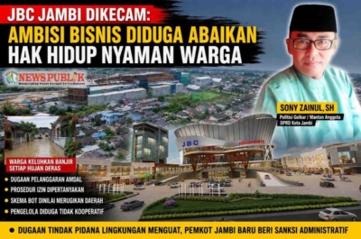 Kondisi kawasan sekitar proyek JBC Jambi saat hujan deras yang diduga menyebabkan limpahan air ke permukiman warga.