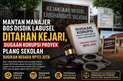 Mantan Manajer BOS Disdik Labusel ditahan Kejari terkait dugaan korupsi plang sekolah.