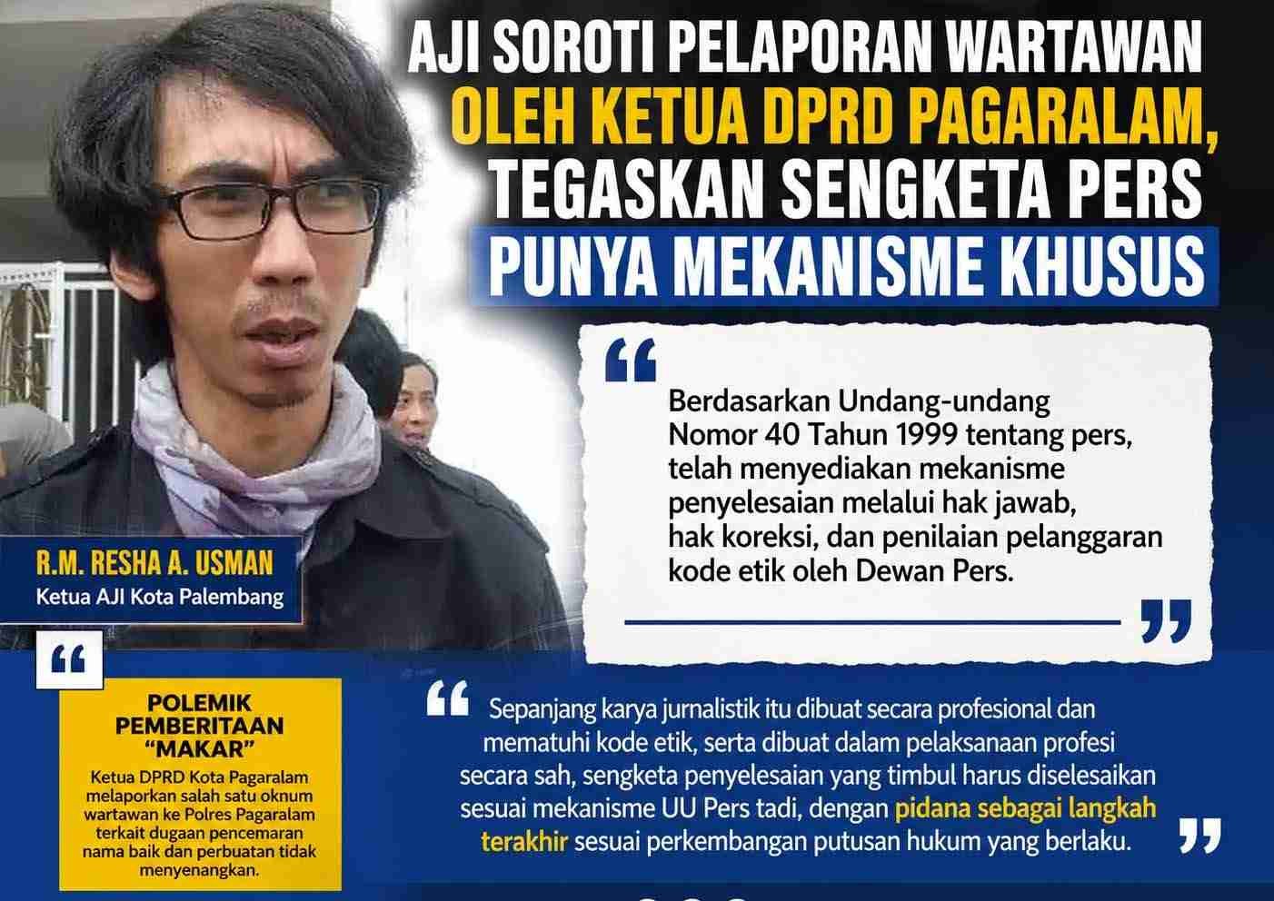 AJI Soroti Pelaporan Wartawan oleh Ketua DPRD Pagaralam, Tegaskan Sengketa Pers Punya Mekanisme Khusus