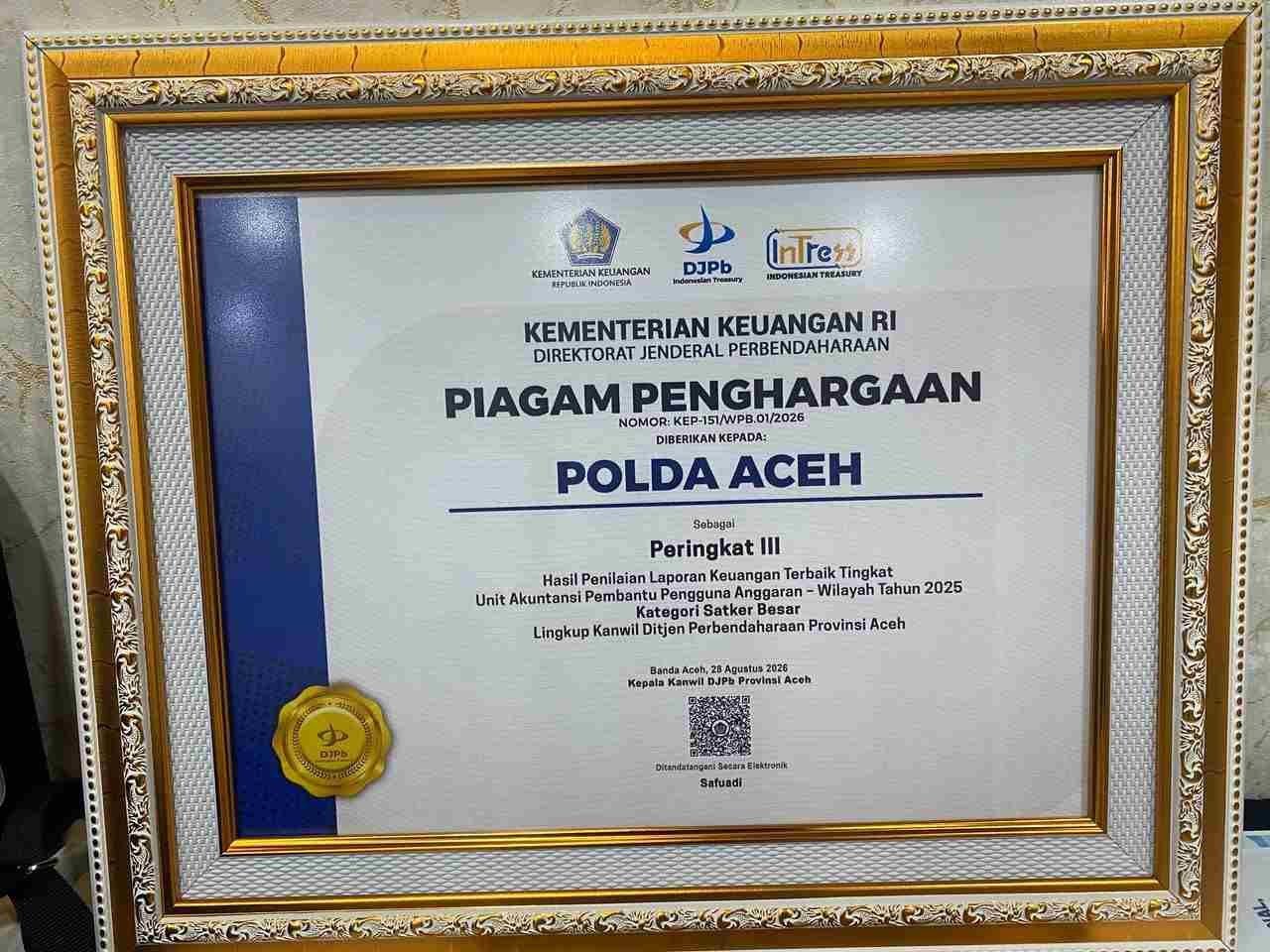 Polda Aceh Ukir Prestasi, Raih Peringkat III Laporan Keuangan Terbaik Tahun 2025