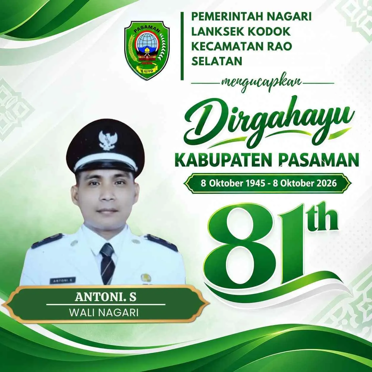 Pemerintah Nagari Lanksek Kodok Kec. Rao Selatan Mengucapkan Dirgahayu Kab. Pasaman ke-81